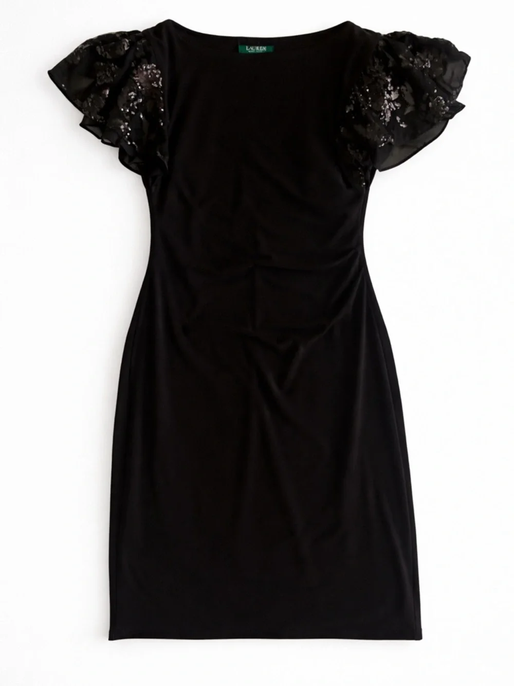 Ralph Lauren Black Flutter Sleeve Lace Detail Sheath Cocktail Dress Party Macy’s - Picture 2 of 4